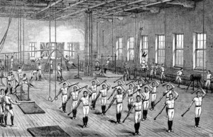 Turnen men expressing their Physical Culture by doing gymnastics and swinging clubs in a Turnverein gymnasium