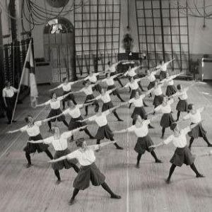 A group of women do a Swedish Gymnastics class at the Royal Central Institute of Gymnastics