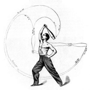 A drawing depicting a man swinging an Indian Club taken from Sim Kenoe's book 'The Indian Club Exercise'.