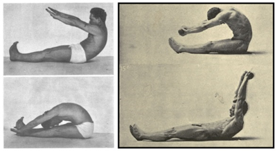 An image of Joseph Pilates and Eugen Sandow performing the roll up exercise.