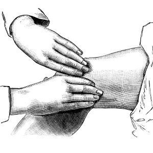 Etching of two hands massaging a bent knee.